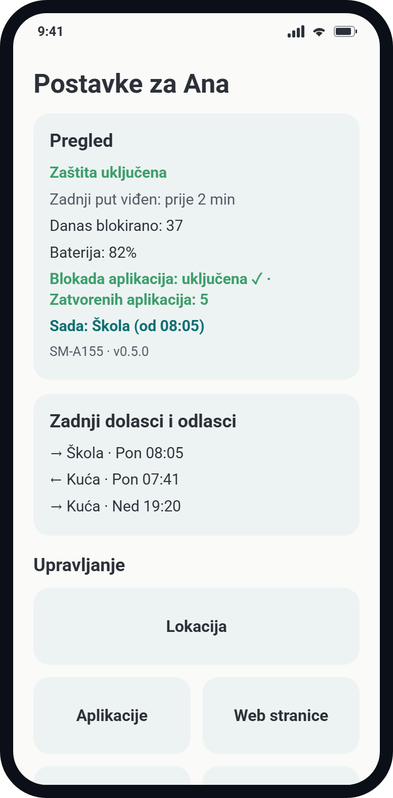 Čuvar — roditeljski nadzor — prikaz iz aplikacije