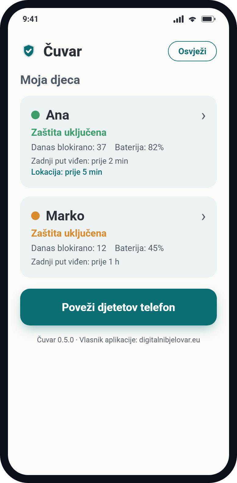 Čuvar — roditeljski nadzor — prikaz iz aplikacije
