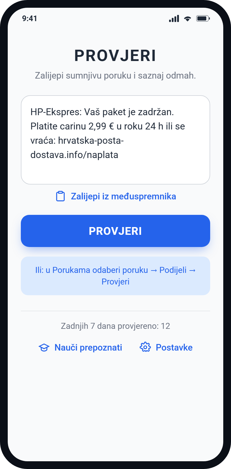 Provjeri — prikaz iz aplikacije